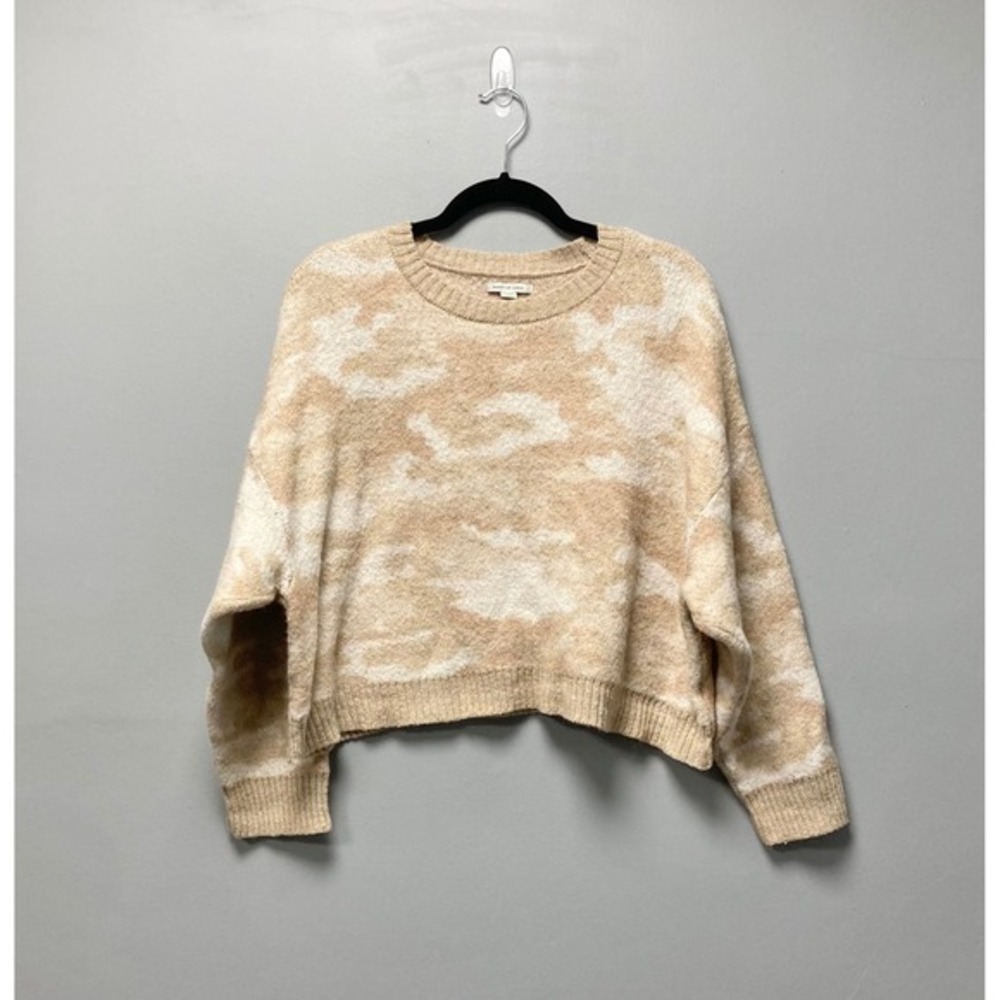 American‎ Eagle Womens XL Tan Camo Cropped Crewneck Wool Blend Fuzzy Sweater